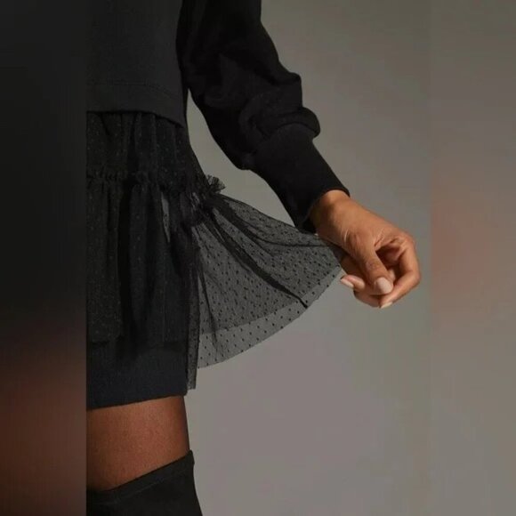 Free People Black Pullover With Sheer Ruffle Hem & Crochet Details Small Petite - Picture 3 of 10